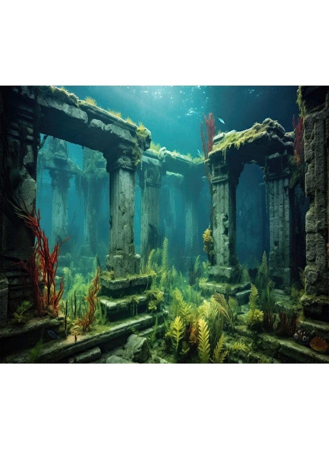 CaterRina Under The Sea Aquarium Background Sunken Ancient City Ruins Fish Tank Background Lush Aquatic Seagrass Coral Reefs Submerged Structure Terrarium Backgrounds Underwater City Reptile Backgrounds 30x18in - Image 1